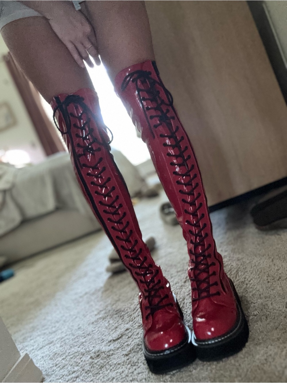 Platform Demonia Red Patent Over-the-Knee Lace-Up Boots - Picture 4 of 9